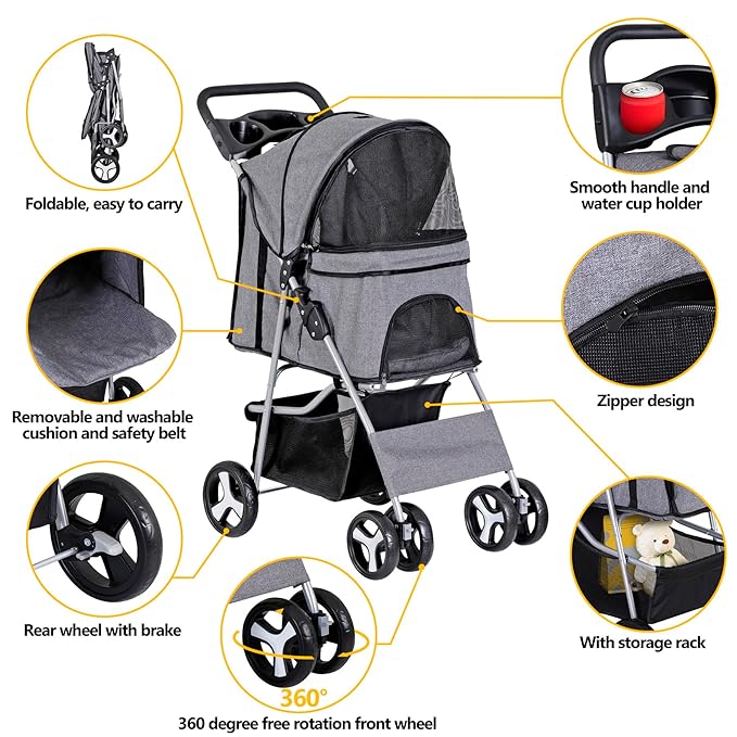 Pet Stroller 4 Wheels Dog Cat Stroller for Small Medium Dog Cats Carrier Jogger Travel Foldable Puppy with Storage Basket and Cup Holder (Grey)