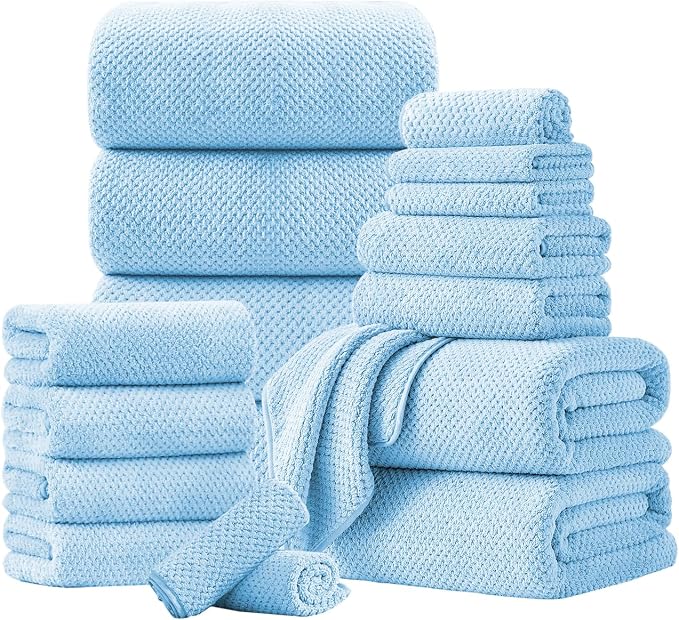 18 Piece Microfiber Bath Towels Set - 6 Bath Sheets,6 Hand Towels And 6 Washcloths,Soft Family Towels,Highly Absorbent Bathroom Towel,Quick Dry Shower Towel Luxury Towels For Hotel Spa Dorm-Blue by FerdilanUS