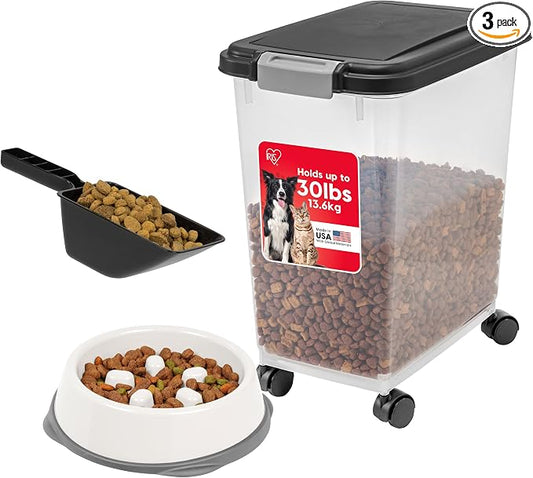 IRIS USA Airtight Dog Food Storage Container with 2-Cup Scoop and Slow Feeder Bowl Combo, Up to 30 lbs Pet Food Bin with Attachable Wheels, Anti-Slip Short Snouted Bowl, Easy to Clean, BPA Free, Black by IRISUSA
