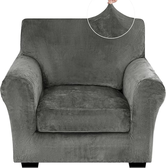 XINEAGE 2-Piece Velvet Armchair Sofa Cover, Couch Covers for Dog,Gray | 1 Cushion Chair,Stretch Non-slip Elastic, Pet-friendly, Washable, Fast Setup, Soft Plush Fabric, Furniture Protector. by XINEAGE