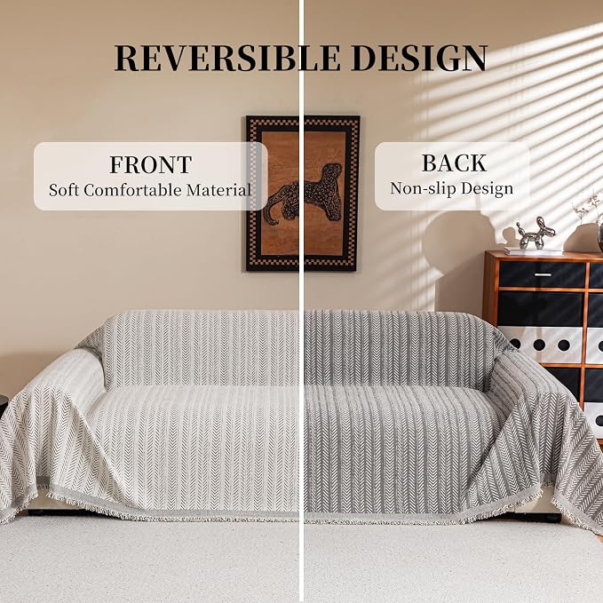 Sectional Sofa Covers Non Slip Couch Cover Sofa Cushion Couch Slipcovers Furniture Protector for Pets Kids, Chenille Strip Couch Throw Blankets with Tassels, 71"x150", Beige - Image 2