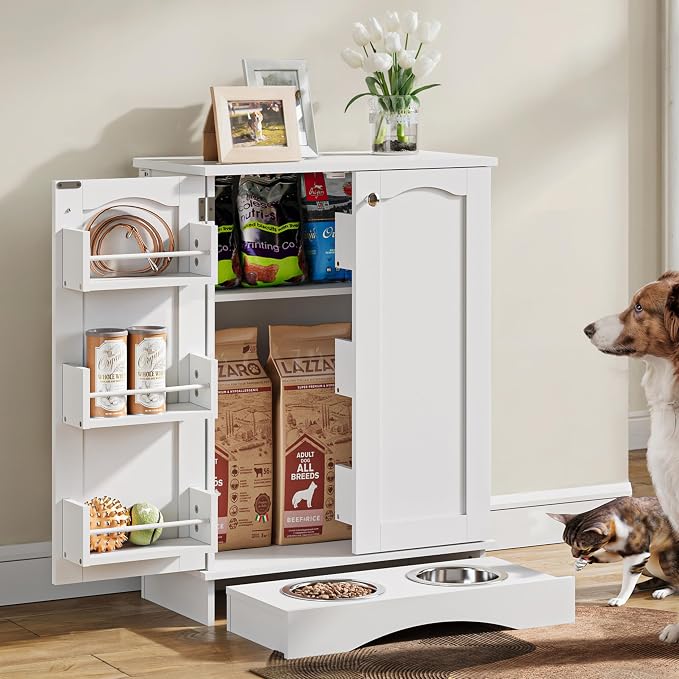 FIMELLO 31.7" High Dog Feeding Station with Feeding Bowls, Pet Organizers and Storage Adjustable Shelf, Dog Feeder Station, Pet Storage Cabinet for Cats and Dogs, White - Image 6