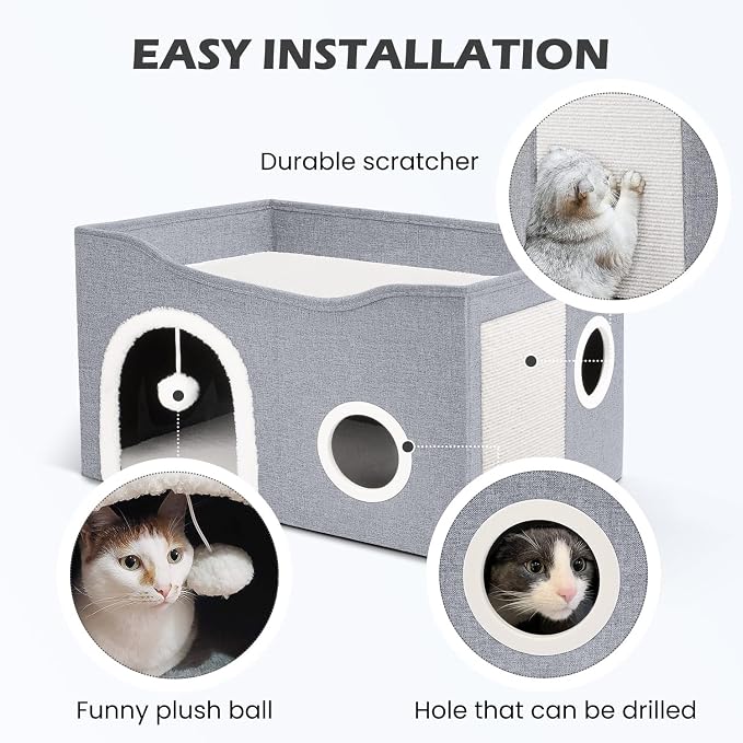 Heeyoo Cat House for Indoor Cats - Large Cat Bed Cave with Fluffy Ball and Scratch Pad, Foldable Cats Houses & Condos, Cat Hideaway, Covered Kitty Bed for Multi Small Large Kitty, 23.8x15.9x13.2 Inch - Image 3