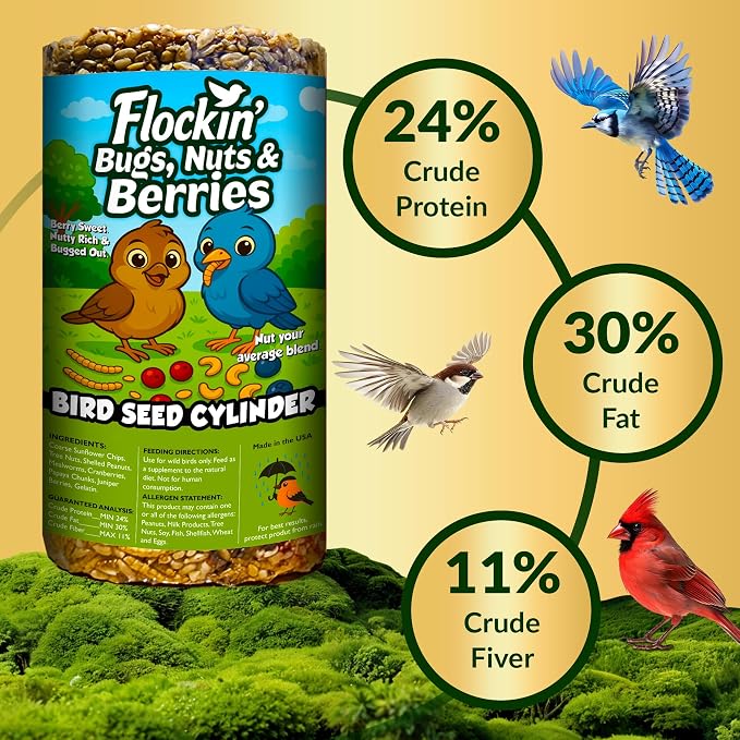 Bugs, Nuts & Berries Bird Seed Cylinders with Hole - USA Made (6" x 7.75") | Mealworms, Nuts & Berries Blend, Protein Rich, Cylinder Bird Seed, No Filler, Attract Wild Birds, Natural Ingredients 3.75lbs - Image 5