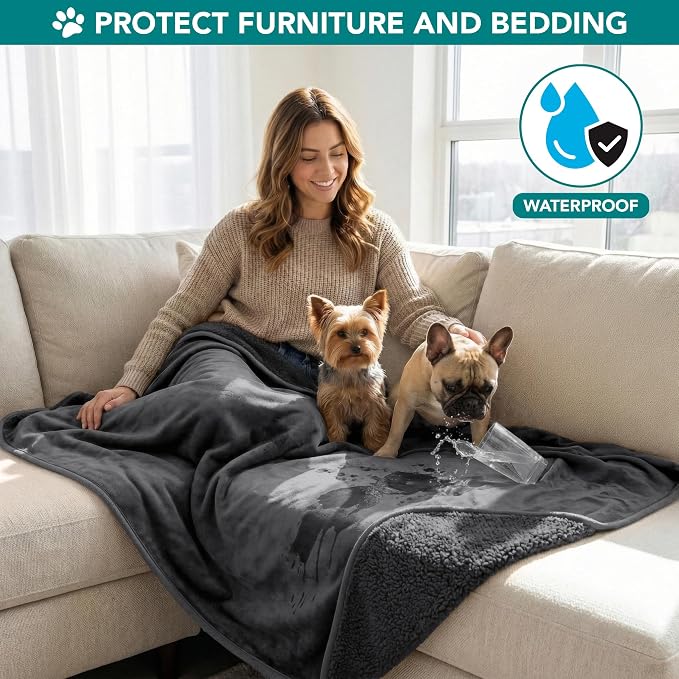PetAmi Premium Waterproof Dog Blanket for Small Medium Dogs, Reversible Sherpa & Flannel Fleece, Leakproof Pet Throw for Couch Protection, Soft Plush Furniture Protector for Cats, Washable, 29x40 Grey - Image 2