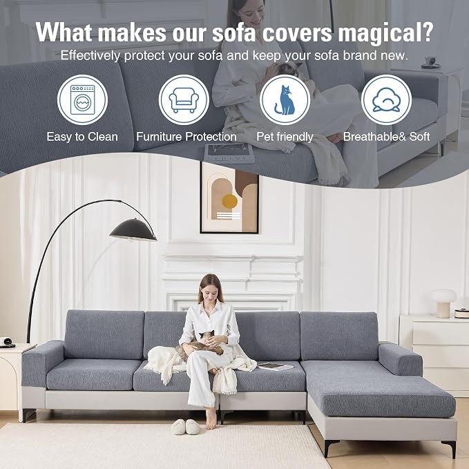 Couch Cushion Covers Sectional Couch Covers Stretch Washable Soft Seat Cushion Covers Furniture Protector Sofa Slipcovers for Pets(Light Grey,1 Piece Seat Cover or Back Covers) - Image 6