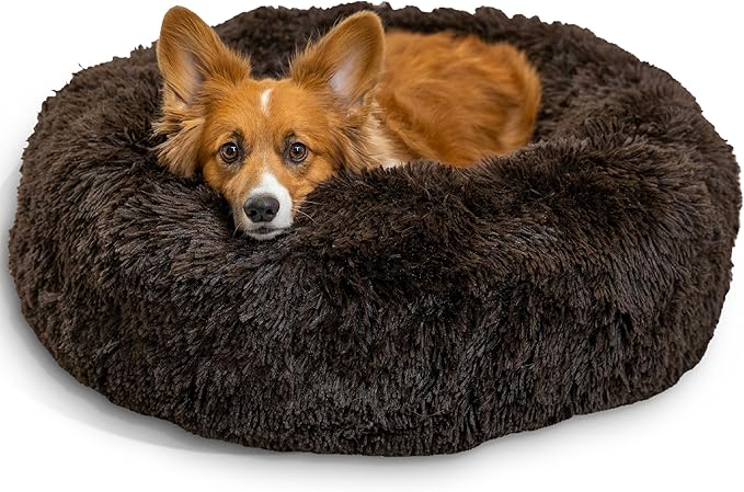 Best Friends by Sheri The Original Calming Donut Dog Bed for Medium Dogs up to 45 lbs, Shag Faux Fur, Dark Brown, 30" x 30" by BestFriendsbySheri