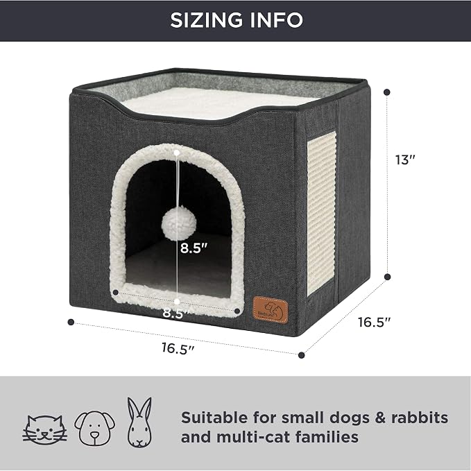 Bedsure Cat House Bed for Indoor Cats with Fluffy Ball and Scratch Pad | Dark Grey 16.5x16.5x13 in,Large Cat Cave for Multiple Pets,Foldable Cat Hideway Cube for Sleeping Kitten - Image 6