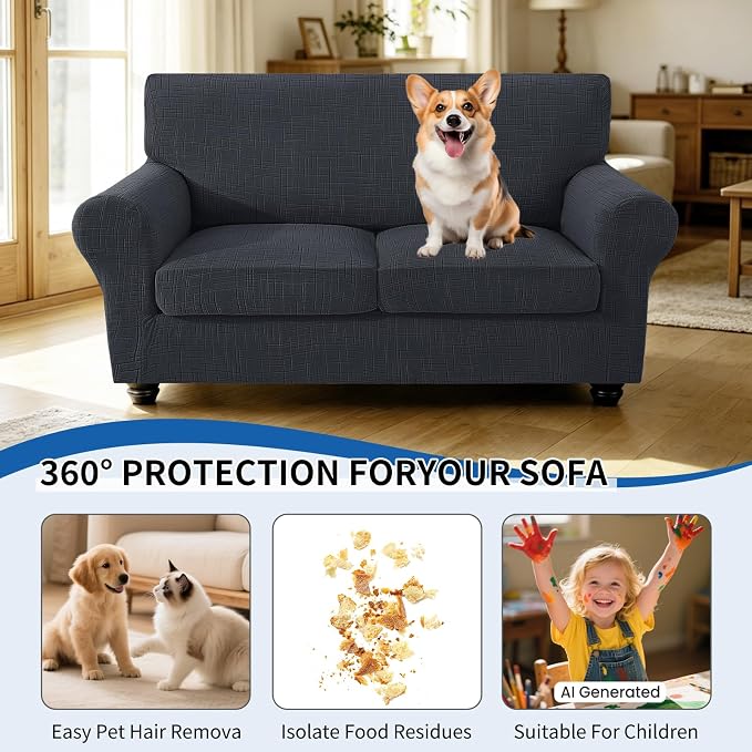 CYCMCAO 3 Piece Stretch Sofa Cover Couch Covers for 2 Cushion Couch, Non Slip Loveseat Covers, Sofa Covers Washable with Elastic Bottom for Kids, Dogs (Charcoal Gray), 55"-69" (2 Cushion Loveseat) - Image 5