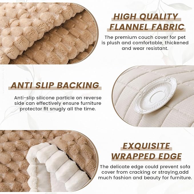 Couch Cover for Dog, Anti Slip Sofa Cover for Sectional, Khaki, 27.6 x 82.7 | Soft Thick Couch Covers for 3 Cushion Couch Sofa Pet Friendly, Scratch Resistant Sofa Cover Washable Dog Furniture Protector - Image 3