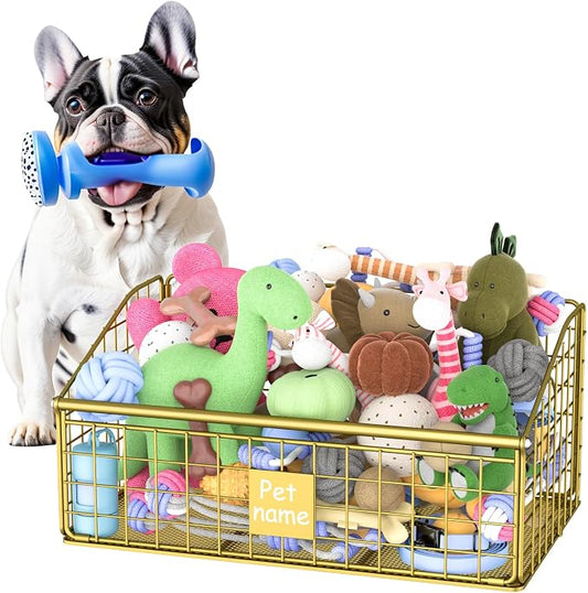 Kaiferty Indestructible Dog Toy basket, Medium Toy Box for Dogs,Pet Toy Bin Dog Metal Basket for Toys, Toy Storage Organizer, Toy Box for Living Room Area (Gold) by Kaiferty