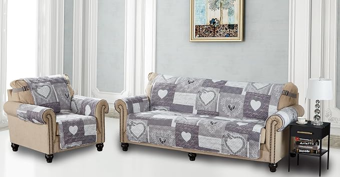Brilliant Sunshine Grey Heartlove Patchwork Couch Cover, 78" seat | Non Slip Sofa Cover, Living Room Quilted Furniture Protector, Extra Large Washable Slipcover for Pets, Dogs & Cats - Image 4