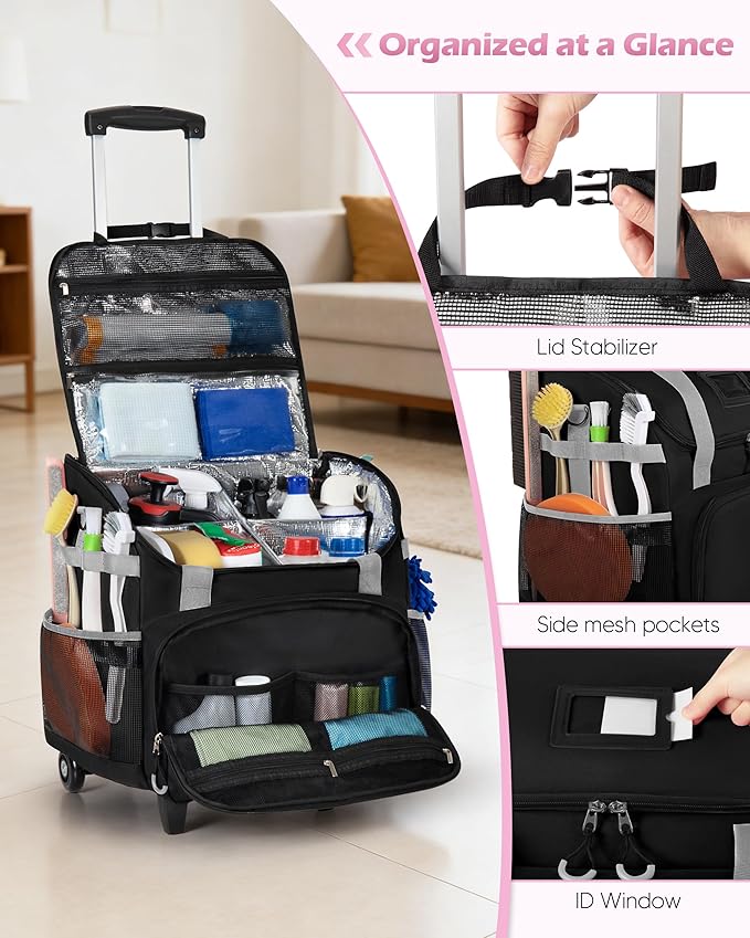 Marscamd Large Rolling Cleaning Caddy Bag with Detachable Trolley, Cleaning Supplies Organizer with Wheels for Housekeepers, Black - Image 2