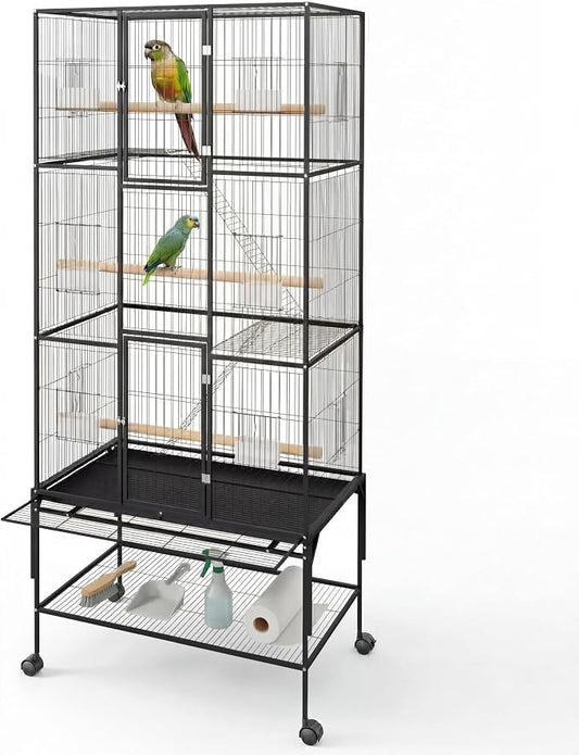69" H Large Bird Cage, Bird Cage with 3-Tier Platforms, Ladders, Perches, Feeder, Wide Birdcage for Parakeets, Conures, Lovebirds, Quaker, Cockatiels, Budgie, Black by Unknown