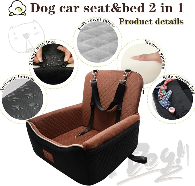 Dog Car Seat Bed 2 in 1 for Small/Medium Dogs up to 35 lbs,Adjustable Safety Leashes,Memory Foam with Soft Fabric Pets Travel Car Bed,Easily Installed in Front and Back seat,Removable and Washable. - Image 4