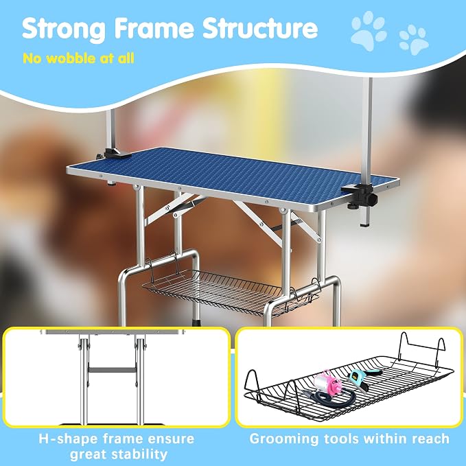 Lyromix 46'' Foldable Dog Grooming Table with Arms/Nooses/Mesh Tray, Blue | Stainless Steel Grooming Table for Dogs at Home, Adjustable Pet Bathing Station, Non-Slip Waterproof Tabletop, Capacity 330Lb - Image 4