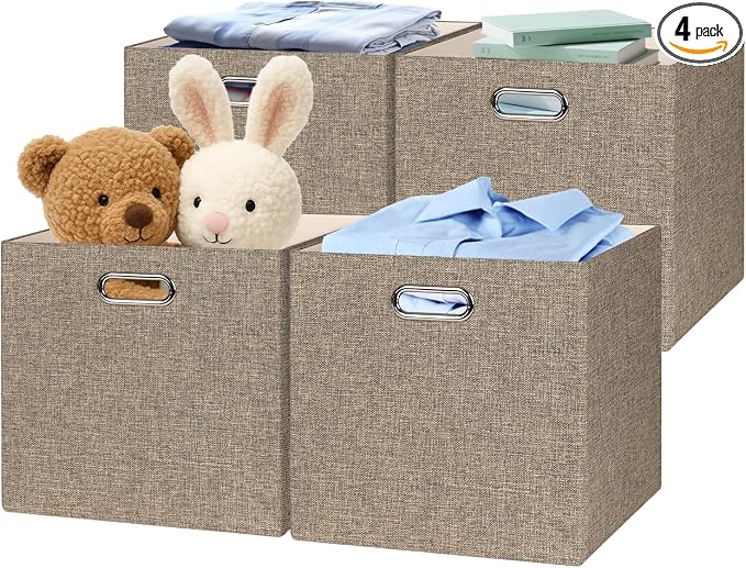 Posprica Collapsible Storage Bins,13×13 Foldable Storage Cube Boxes Fabric Drawer Fabric Storage Bins Vinyl Record Light Coffee, 4 Pack by Posprica