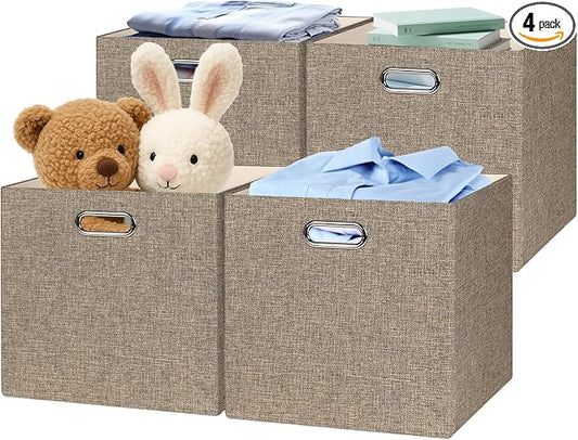 Posprica Collapsible Storage Bins,13×13 Foldable Storage Cube Boxes Fabric Drawer Fabric Storage Bins Vinyl Record Light Coffee, 4 Pack by Posprica