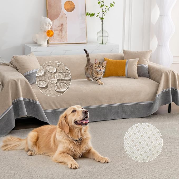 Waterproof Non-Slip Couch Cover for Pets & Dogs, Khaki 79" x 150" | Pet Sofa Cover, Washable, Pet Friendly, Anti Cat Scratch, Furniture Protector, for 3 Cushion Couch Sectional L Shaped Sofa by Osunnus