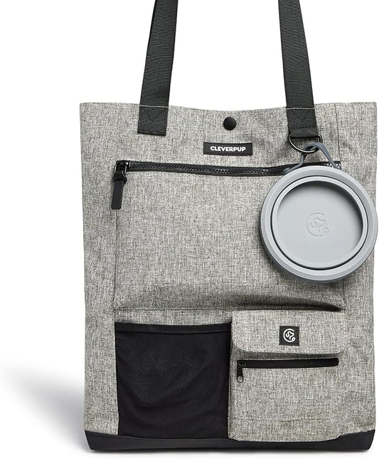 Cleverpup Park Pack 2-Piece Set Dog Gear Tote – Dog Travel Bag with 8 Pockets, Treat Pouch, Poop Bag Dispenser, Quick-Dry Ball Pocket, Collapsible Bowl, Perfect for Walks & Park Trips, Heather Grey by Cleverpup