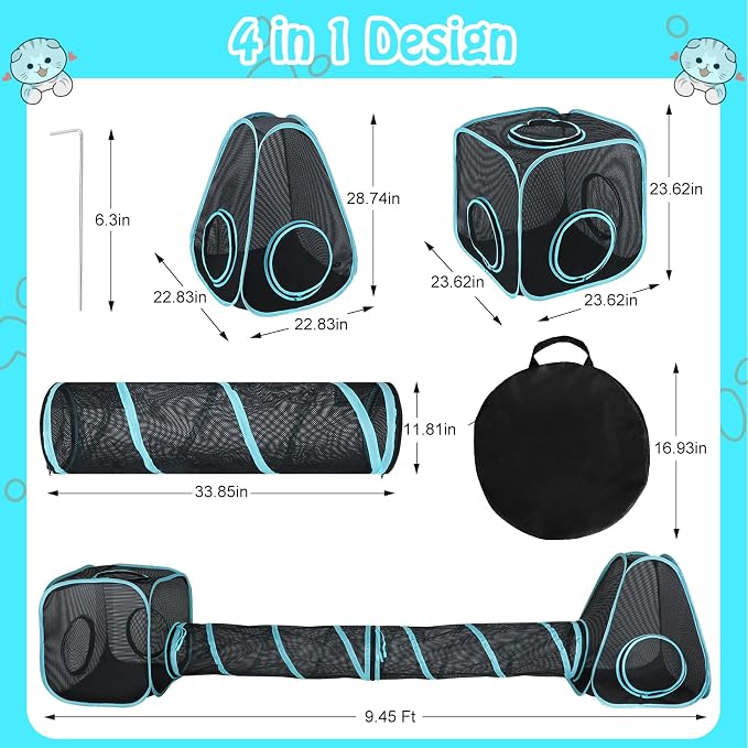 Outdoor Cat Enclosure for Indoor Cats, 4-in-1 Cat Tent Tunnel Playpen Set | Indoor Outdoor Cat Playpen, Pop Up Travel Tent, DIY Shapes, 9.45 ft Play Space, Mesh Panels for Airflow, Ground Stakes - Image 3