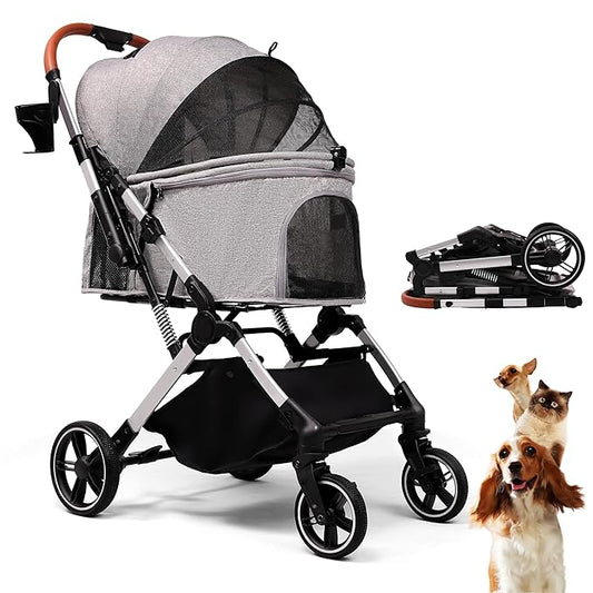 Pet Stroller for Small Medium Dogs Cats Up to 45 lbs, Travel Lite Collapsible, All Terrain 4 Wheels for Jogging, Running, Grey