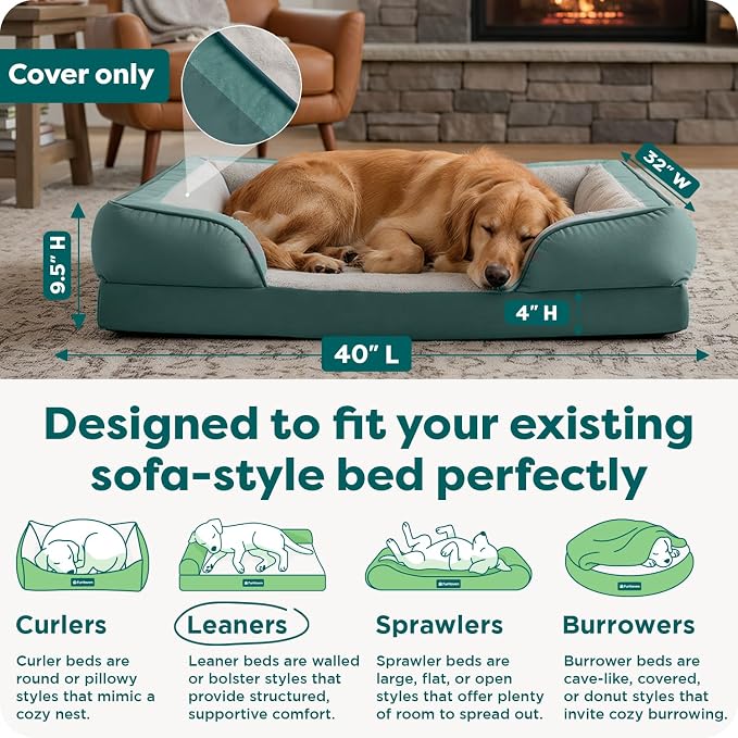FurHaven Dog Bed Cover Replacement, Sofa-Style Design with Soft, Breathable Fabric for Cozy Comfort, Machine Washable, Jumbo XL, Plush & Velvet Waves, Celadon Green - Image 3