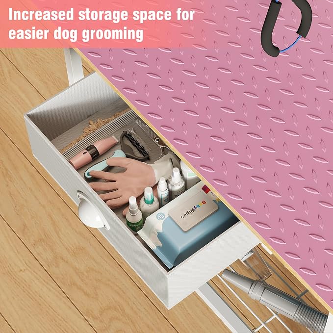 32-Inch Adjustable Dog Grooming Table with Drawer & Mesh Tray, Pet Grooming Table with Non-Slip Removable Washable Mat & EVA Protective Lanyard, Professional Grooming Table for Small Dog at Home（Pink - Image 2