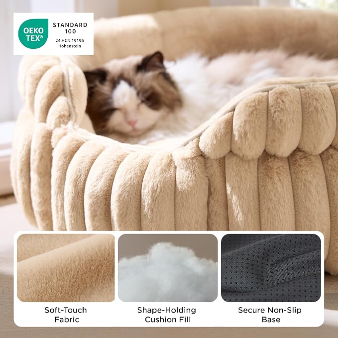 Bedsure ComfyFleece™ Washable Cute Large Cat Bed,Soft Round Puppy Bed,23in | Cozy Fluffy Plush Small Dog Bed,Donut Corduroy Cuddler Pet Beds for Indoor Big Cats,Anti-Slip Bottom,Up to 20 Lbs,Sandy Beige - Image 4