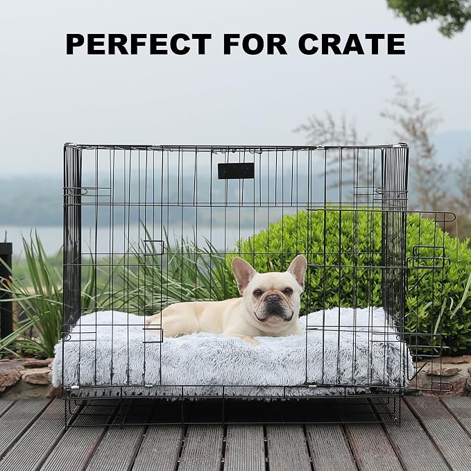 Bedfolks Plush Dog Crate Bed, Washable Cover, Faux Fur Dog Kennel Pad - 35"x23", Grey - Image 3
