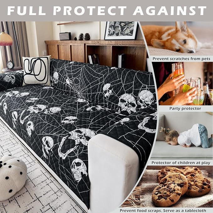 Cmfshape Halloween Sofa Slipcover-Black with Spider,Skull,Pet Friendly Couch Covers for 3 Cushion Sofa,Washable Sofa Protector for Holiday,Anti-Slip with Elastic Band - Image 6