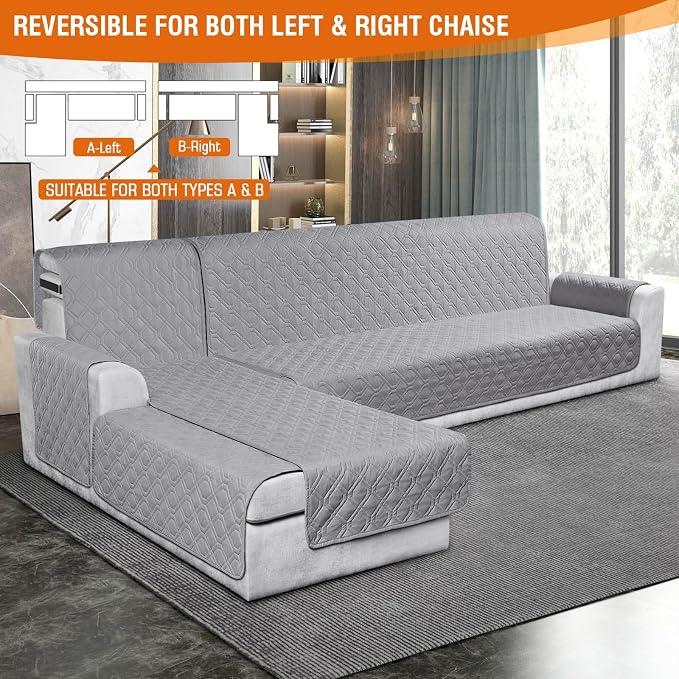 VANSOFY Sectional Couch Covers 100% Waterproof L Shaped Sofa Slipcover 3pcs Reversible Chaise Lounge Cover for Sectional Sofa Furniture Protector Cover for Pets Cat Dog(X-Large, Light Gray) - Image 3