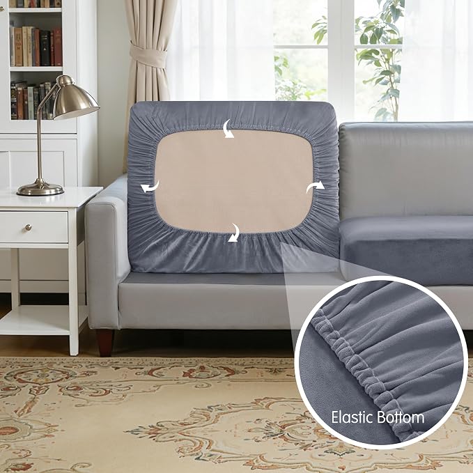 Hokway Velvet Couch Cushion Covers Water Resistant Seat Covers Stretch Sofa Cushion Protector(3 Cushion XL-Sofa, Grey) - Image 4