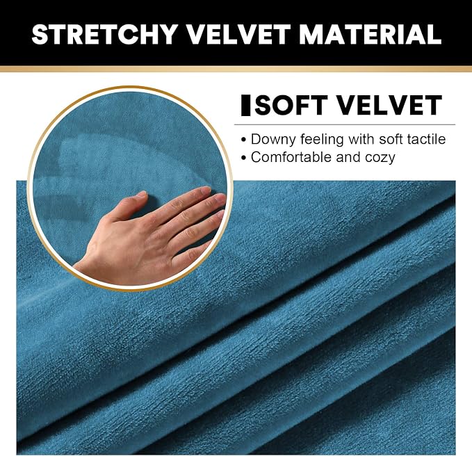 PrinceDeco Velvet Couch Covers for Sofa Soft 4 Pieces Couch Covers for 3 Cushion Couch Sofa Pet Friendly Furniture Protector with Non Slip Elastic Bottom Width Up to 90 Inch (Large, Blue) - Image 4