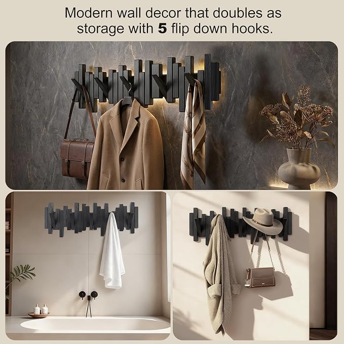 Coat Rack Wall Mount Piano Flip Down Wall Hook Rack 5 Hooks Oak | Natural Wood Handmade Unique Hanger for Coats Bag Hat Umbrella key Wall Art In the foyer living room bedroom bathroom office - Image 2