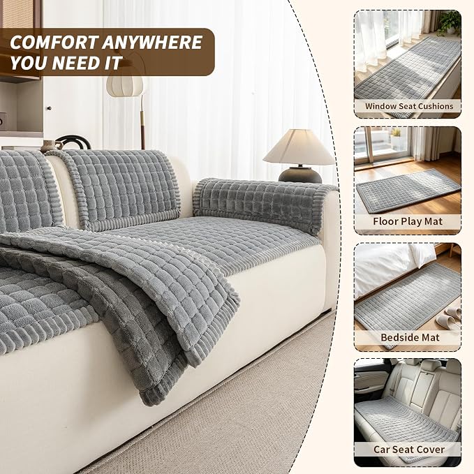 Couch Covers for Sofa Washable, Non Slip Couch Covers for Dogs, Soft Plush Pet Friendly Dog Couch Cover, Plaid Couch Protector for Dogs, Pet Couch Cover for 2-3 Seats(Light Grey,28"×83",1PC) - Image 3