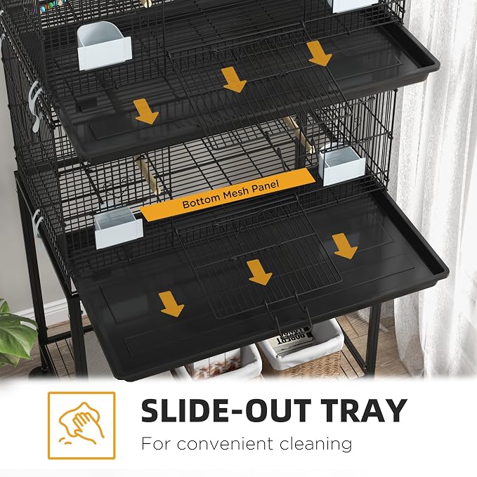 PawHut Double Stackable Bird Cage with Stand for Canaries, Lovebirds | Wooden Swing, Rope Ladder & Wheels, Budgie Cage, Storage Shelf, Removable Tray, Wooden Perches & Food Containers, Finches - Image 3
