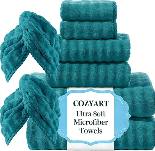 COZYART Lint Free 8 Pcs Bathroom Towels Set Ultra Soft Microfiber Teal | Ultra Fluffy, Thick, Highly Absorbent, Quick Dry, No Shedding, No Pilling, Fade Resistant, Durable, Long-lasting by COZYART