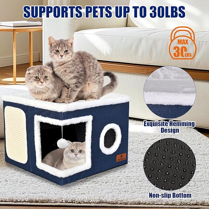 Cat Beds for Indoor Cats, Large Cat Cave Bed with Scratch Pad and Fluffy Ball, Foldable Cat Hideaway, Cat House with Reversible Cushion for Multi Small Pet Up to 30LBS, Blue - Image 3