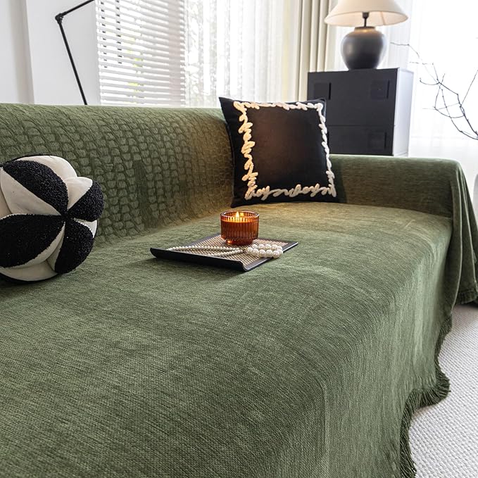 ROOMLIFE Green Couch Cover Sofa Covers, Chenille Couches Covers for 3 Cushion Sofas, Non Slip Soft Breathable Sofa Slipcovers for Pet, Washable Furniture Protector with Tassel,71''X134” by ROOMLIFE