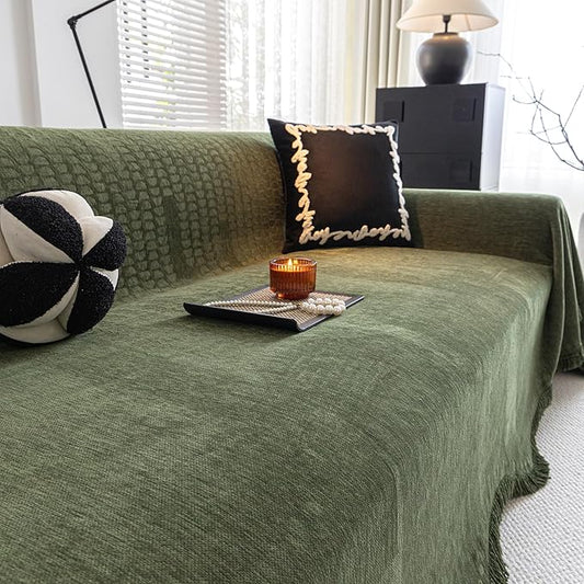 ROOMLIFE Green Couch Cover Sofa Covers, Chenille Couches Covers for 3 Cushion Sofas, Non Slip Soft Breathable Sofa Slipcovers for Pet, Washable Furniture Protector with Tassel,71''X134” by ROOMLIFE