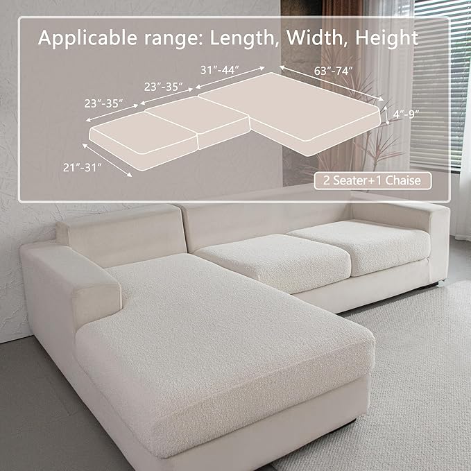 OHSIO Couch Cushion Covers for Sectional Sofa, Stretch Soft Sofa Slipcovers Washable Wear-Resistant Universal Furniture Protector for Living Room(2 Seaters Covers+1 Chaise Cover, Ivory) - Image 2