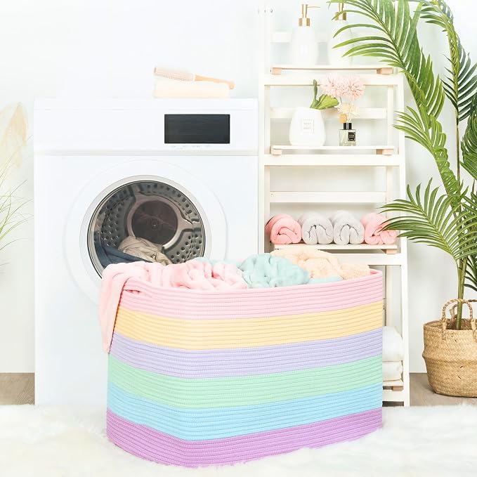 MINTWOOD Design 112L Extra Large Blanket Basket Holder Living Room, 25"x17"x16" Rectangle Rope Woven Storage Basket with Handles for Laundry, Towels, Shoes, Dog Toy Organizer Bin Box, Pastel Rainbow - Image 3