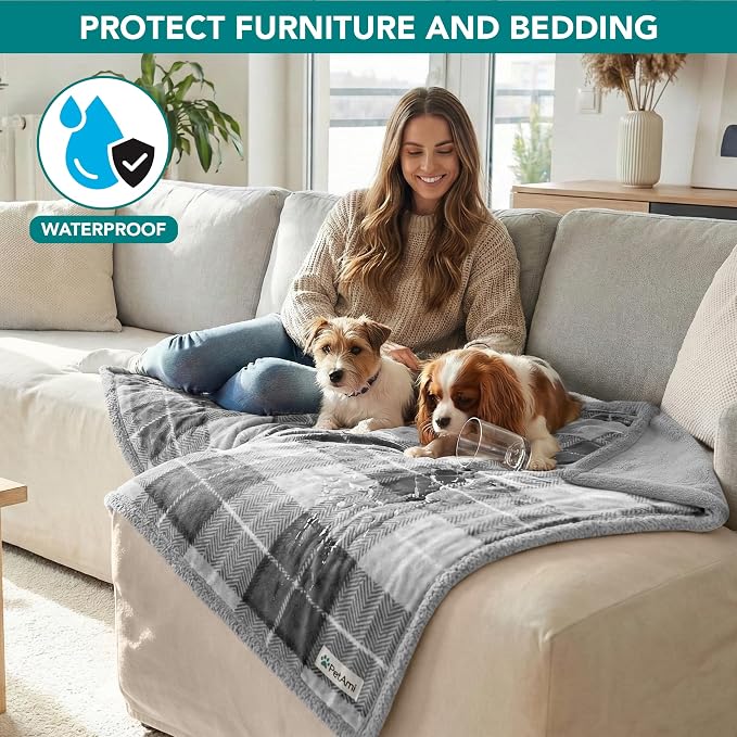PetAmi Waterproof Dog Blanket for Couch, Extra Large 80x60, Pee Proof Sherpa Fleece Reversible Pet Throw, Furniture Protector for Bed Sofa Crate Kennel, Soft Washable Cover for Dogs, Plaid Light Grey - Image 2