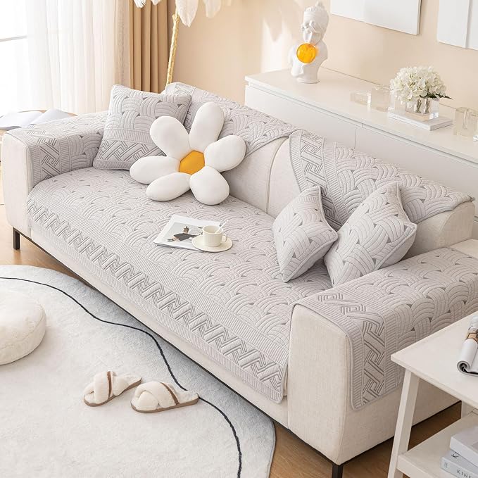 vctops Solid Color Cotton Quilted Sofa Couch Cover Weave Pattern Soft Sectional Couch Covers Embroidery Non-Slip Sofa Slipcover for Dogs, Children, Pets Furniture Protector (Light Grey,36"x63") - Image 6