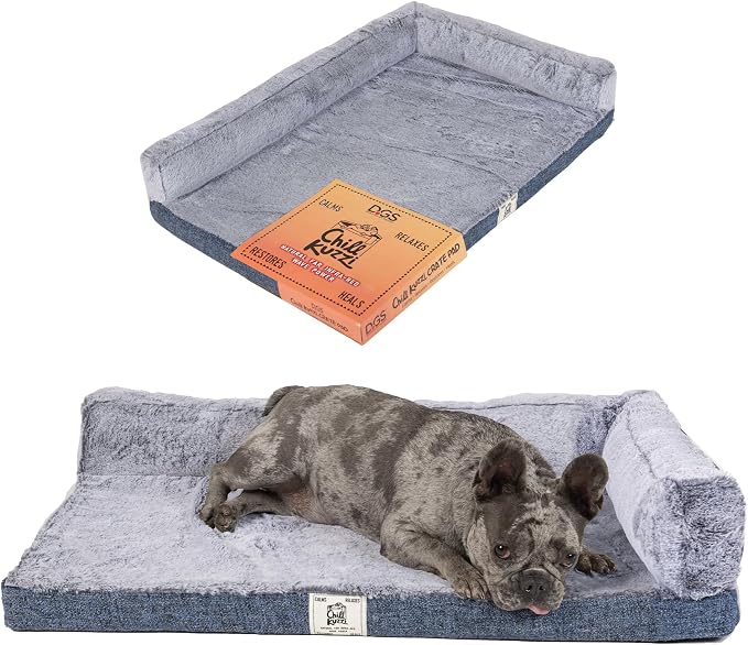 Dog Gone Smart Chill Kuzzi Dual Bolster Crate Pad - Washable Dog Bed Infused with Far Infrared Rays (FIR) - Supportive Plush Cushion for Crates, Travel, and Recovery - Slate Blue, Large 22 x 35 Inches by DogGoneSmartBed