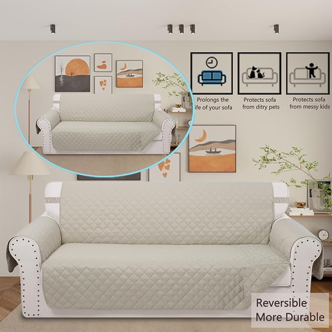 Reversible Oversized Sofa Covers, XL Sofa, Beige/Beige | Couch Cover Furniture Protector for Dogs Elastic Straps Water Repellent Furniture for 4 Cushion Couch - Image 2