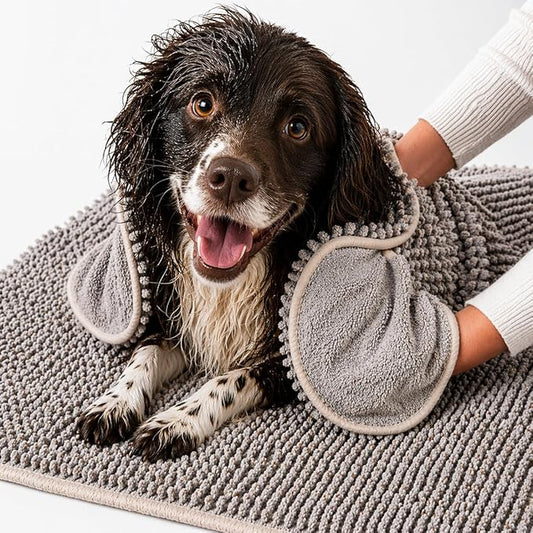 Pet 2-in-1 Dog Towel & Mat – Transforms from Drying to Bath Mat, Ultra Soft, Absorbent & Quick-Drying, Machine Washable Dog Towels with Detachable Non-Slip Mat and Hand Pockets (Medium) by petuate