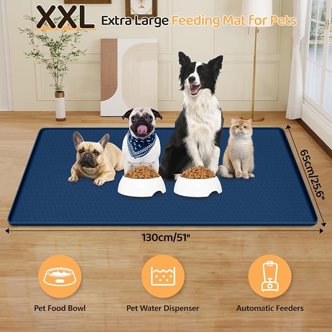 Dog Food Mat 51''x25.6'' Extra Large Dog Mat for Food and Water,Blue | Silicone Dog Bowl Mat with Raised Edge, Waterproof Non-Slip Pet Feeding Mat for Floors, fit for Dog Cat Bowls - Image 2