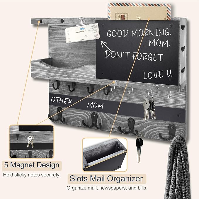 Key Holder for Wall Mount with Shelf and Mail Organizer, Key and Mail Holder with 16 Hooks, Farmhouse Entryway Organizer, Home Decor Rack(Pine Wood,Washed Gray) - Image 7